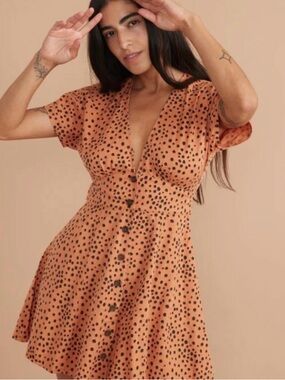 Marine Layer Camila Mini Dress Orange Black Dot Tie Waist Button Front